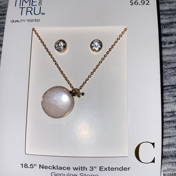 Genuine Rose Quartz with "C" Initial Disc Necklace and Earring Set 18.5” - Picture 8 of 12